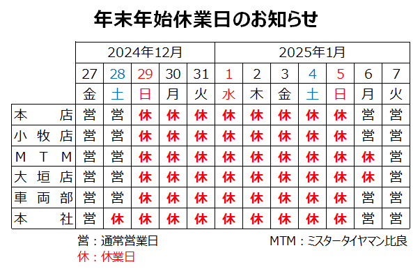 年末年始休業日のお知らせ